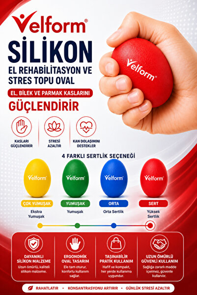 Velform Silikon El Stres ve Rehabilitasyon Topu Oval Egzersiz El Güçlendirme ...