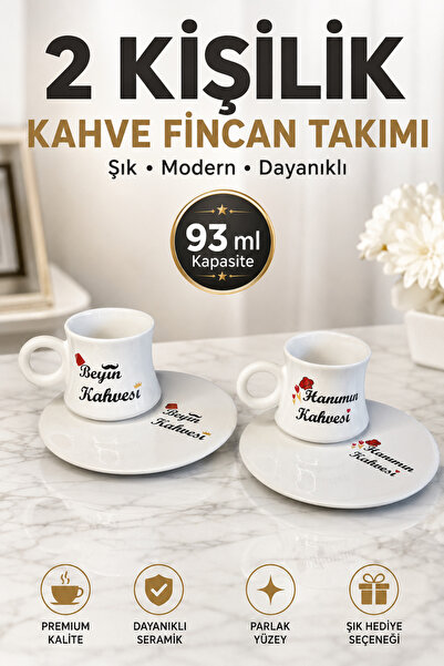 L'eDoren 2'li Aile Fincan Takımı Evin Hanımı Evin Beyi 93 ml Türk Kahvesi Fin...