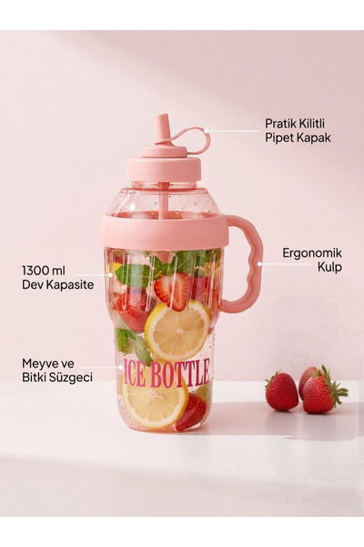Le Paon 1300 ml Süzgeçli Motivasyonel Matara - Detoks ve Sporcu Su Matarası -...