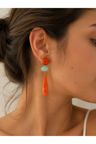ANKA JEWELLRY Women's Gold Color Orange & Light Blue Stone Hanging Earrings