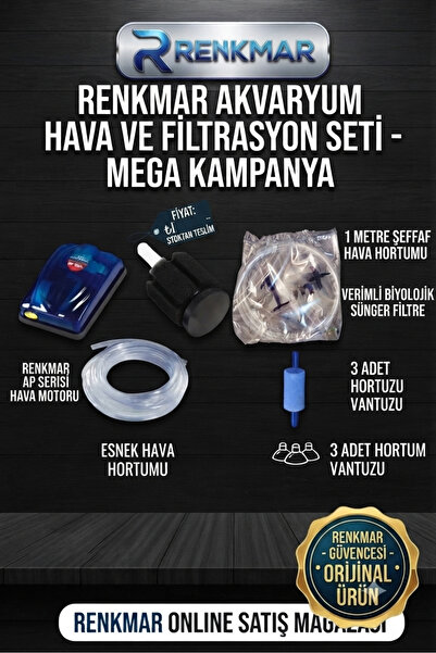 renkmar Mega Aquarium Air Set 2Mt Hose+1 Mt Hose+Single Outlet Air Motor+Biol...