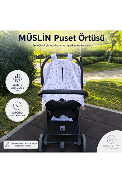 HALZEY Müslin Puset Örtüsü / Bebek Arabası Örtüsü, Pembe Çiçekli Uğur Böcekli