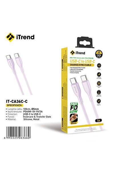 itrend Cablu USB-C la USB-C iTrend, 1 m, Încărcare Rapidă PD 60W, Silicon, Mov