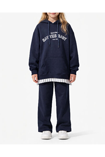 Kapüşonlu Bağcıklı Çizgi Detaylı Lacivert Uzun Sweatshirt