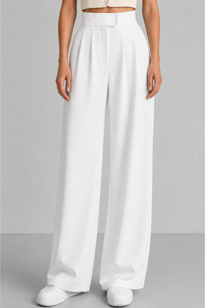 ALİNDA Women's Velcro High Waist Wide Leg Palazzo Trousers - White