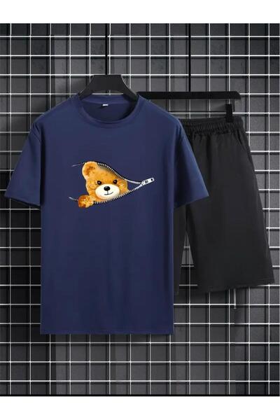 Boi Zipper Teddy Bear Pattern Printed T-Shirt Shorts Loose Fit Comfortable Fi...