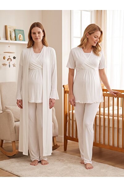 Lohussa New Season Ecru Long Dressing Gown with Double Breasted Collar, Speci...
