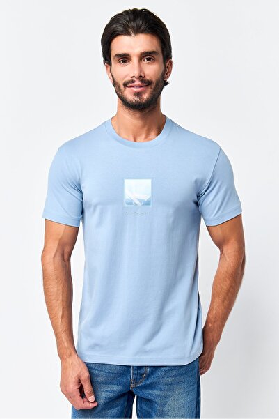 Calvin Klein Jeans Men Crew Neck Brand Logo Short Sleeve T-Shirt, Dusty Blue