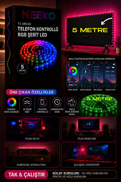 neeko TV Arkası Telefon Kontrollü RGB Şerit Led Sınırsız Renk 20 Mod 12V Kend...