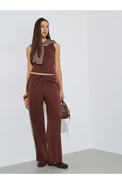 Styli Brown Scuba Wide Leg Joggers With Piping Detail