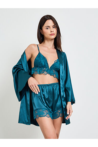 Take Two By Styli Teal Pack Of 3 - Lace Bralette, Shorts And Robe