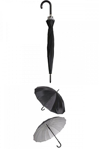 Şemsiye J-41 16 Telli Dış Siyah İç Gümüş Unisex Balıksırtı Tasarım
