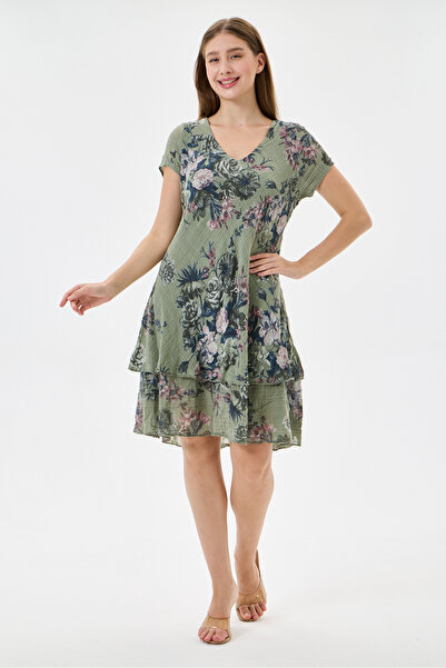 della moor Khaki Italian Floral Patterned Lined Short Dress 38 - 42 Size