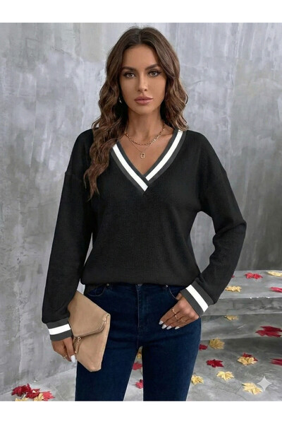 Efnaz style بلوزة نسائية بأكمام طويلة وياقة على شكل حرف V
