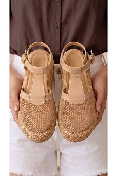 Beyond Women's Beige Mesh Detailed Straw High-Heeled Sandals 4cm Byndk95