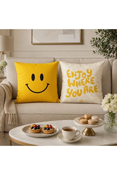 Piloji Decorative Throw Pillow Cover 43X43 cm Smiley Smile Patterned Yellow S...