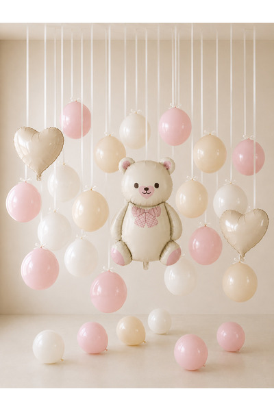 HAPPYLOOPPARTY Teddy Bear Bohemian Pendant Balloon Concept Set 15-Piece Pink Cream White Balloon Heart Foil Ribbon Birthday Baby Shower Party Decoration Set
