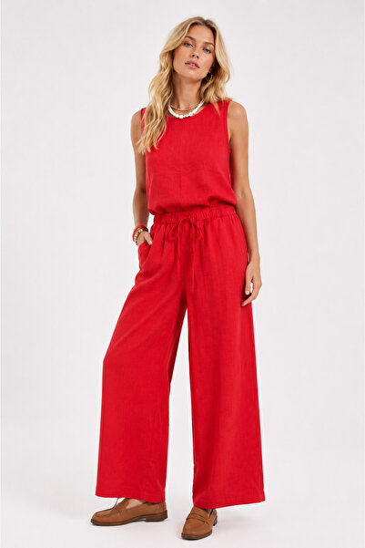Sibel Günay Butik Coral Red Linen Women's Two-Piece Set Sleeveless Blouse Ela...