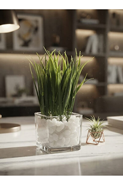 co arma Artificial Grass Plant in Glass Container with White Pebbles