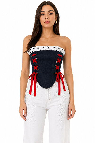 Mzr Collection Puantiyeli Fırfır ve Kırmızı Bağcık Detaylı Denim Straplez Korse