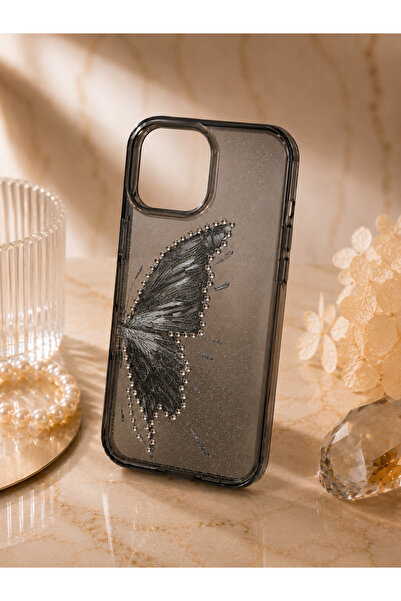 botyco Iphone 13 (6.1 inç) Uyumlu Simli Şeffaf Kelebek Desenli Renk Geçişli İ...