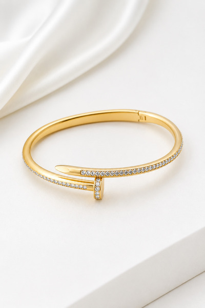 Fawel Nail Éclat Gold Bangle – Gold Bracelet with Stone Nail Design for Women