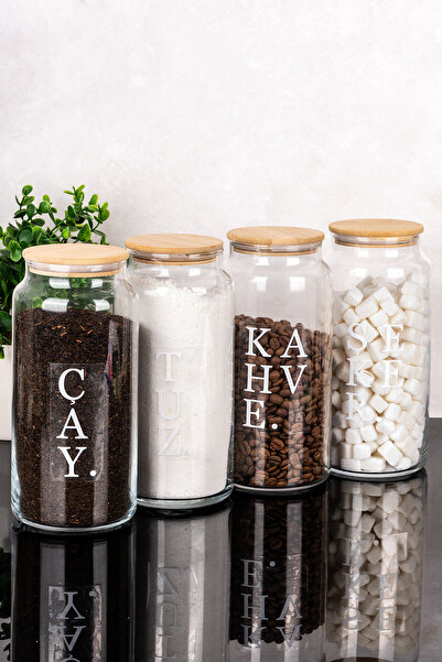 Dolkin Home 4-Piece Glass Jar Set 1300 ml Bamboo Lid Tea Sugar Coffee Salt Gl...