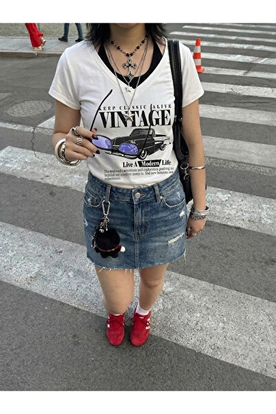 8line Beyaz Vintage Modern Life Ek Askılı Y2K Kısa Kollu Crop