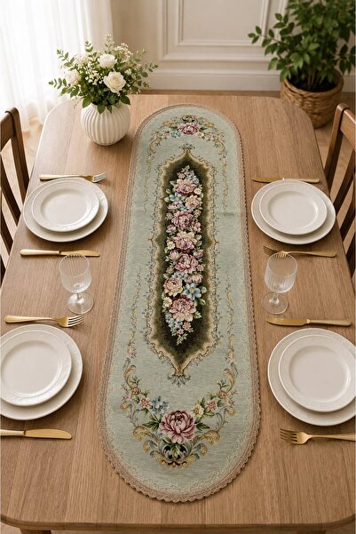Yeshome Collection Royal Bouquet Şönilli Goblen 40X140 Oval Runner - Coffee T...