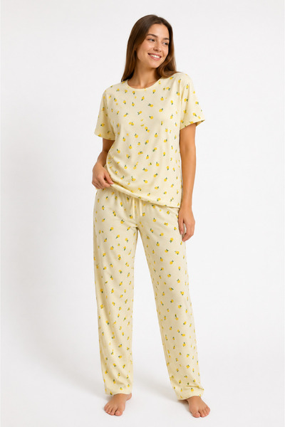 Kadın Limon Desenli Kısa Kollu Pijama Takımı Yazlık Rahat Ev Giyim