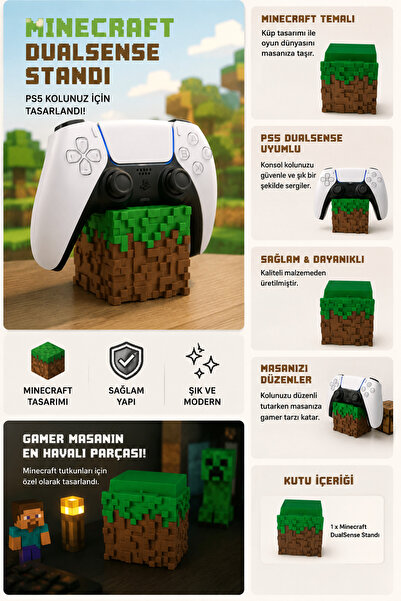 craftopya Minecraft Temalı PS5 Dualsense Kol Standı Çim Blok Tasarımlı Gamepad Tutucu