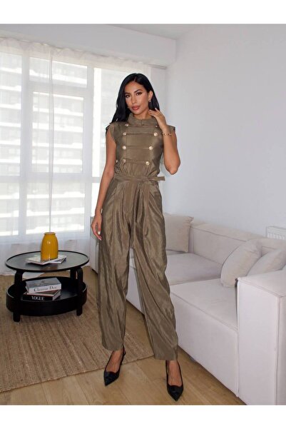 FLOWERİNG Women's Khaki High-Necked Jumpsuit with Gold Button Details and Belt