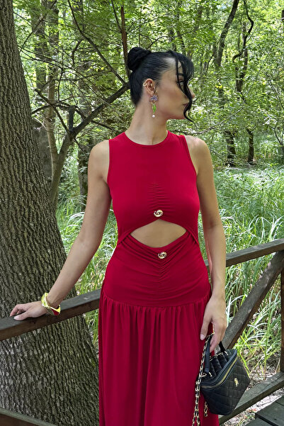 Aryena Red Women's Brooched Gathered Dress