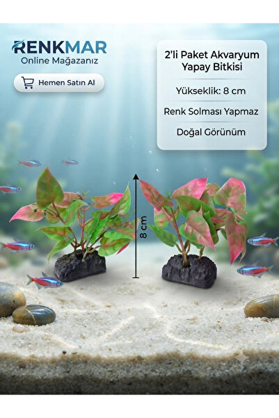 renkmar 2'li Akvaryum Yapay Bitki Seti - 8 cm Doğal Görünümlü Dekoratif Süs F...