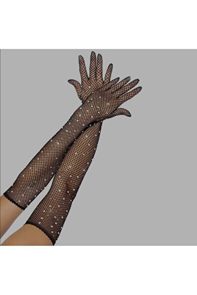 Corvus kolye&bileklik Black Long Mesh Lycra Shiny Stone Party Gloves