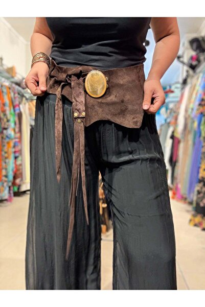 Yılday Gür Butik Solene Stone Buckle Tasseled Brown Nubuck Leather Bohemian Belt