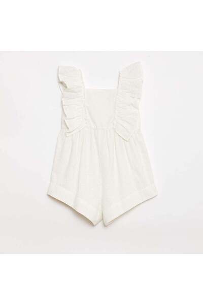 KIABI Sleeveless Short Romper with Eyelet Embroidery and Ruffles BEIGE