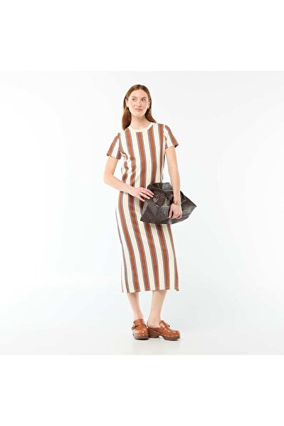 KIABI Long jersey dress with short sleeves BEIGE