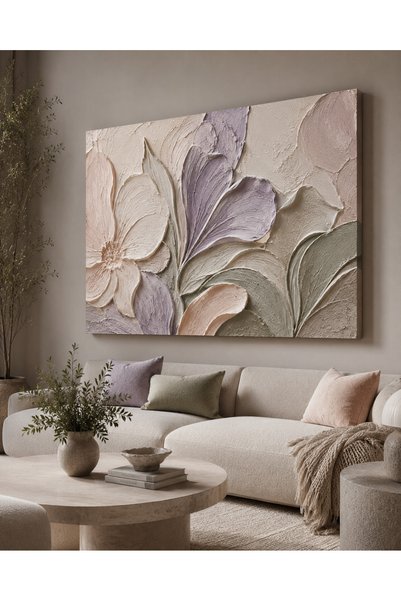 FTRMALZEMECİM Premium Lila Yapraklar ve Pastel Çiçekler 3D Görünümlü Kanvas T...