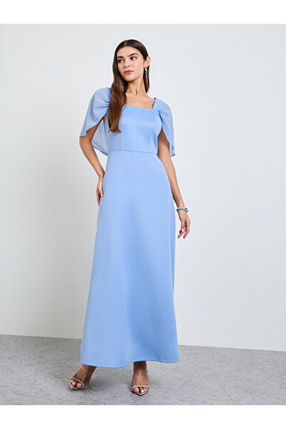 Take Two By Styli Blue A-Line Maxi Dress With Cape Sleeves