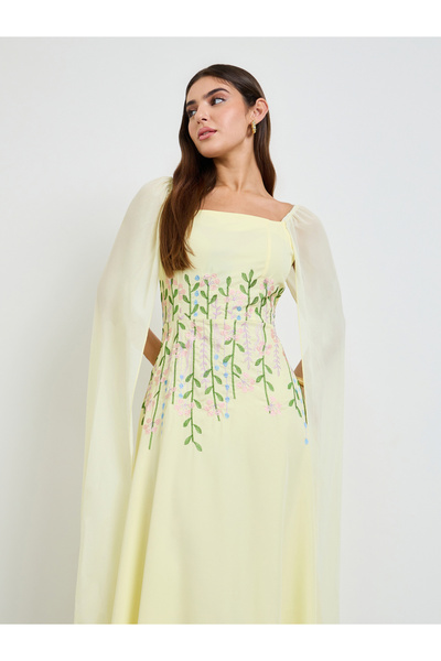 Take Two By Styli Yellow Embroidered Cape Sleeves Maxi Dress