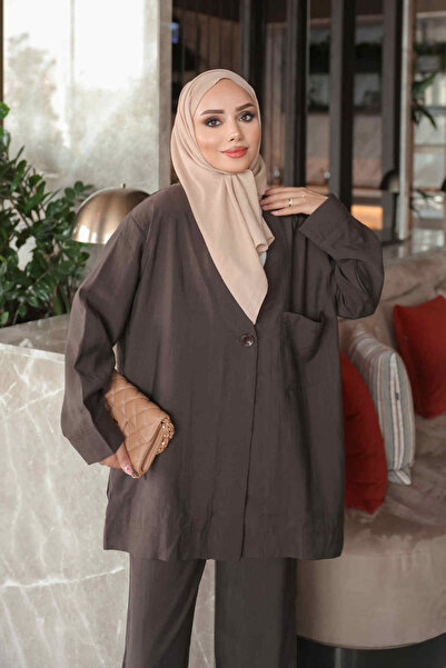 İmajButik Kahverengi Düğmeli Ceket Pantolonlu Takım