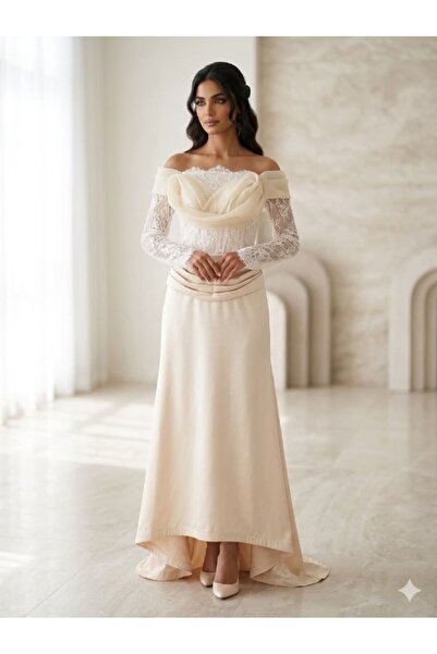 ranin Ivory Off-Shoulder Evening Gown with Lace and Long Sleeves Flowing A-Li...