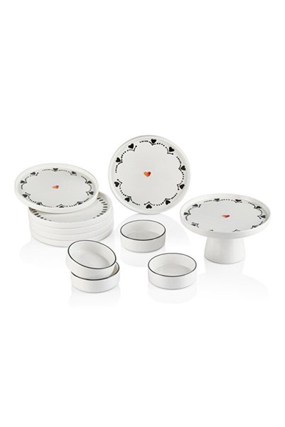 Kitchen Life 6-Person Black Hearts Breakfast Set – 11-Piece Handmade Black Heart Ceramic Footed Presentation Set