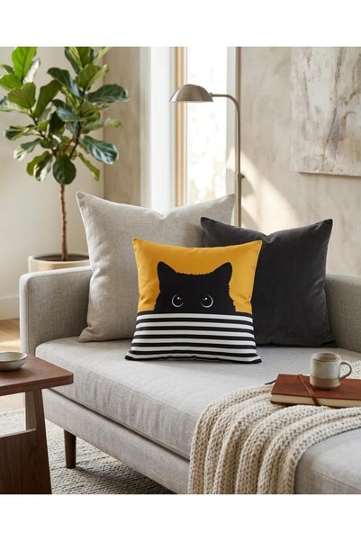 SYCAMORE HOME Black Cat Patterned Decorative Throw Pillow Cover 45X45 cm Hidden Zipper Honeycomb Fabric Digital Printed Modern Pillowcase