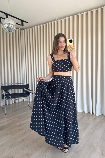 Sue Store Black Polka Dot Strappy Crop Blouse Skirt Set