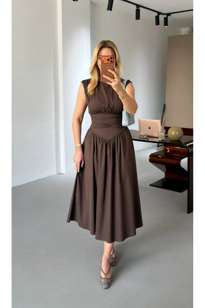 My Blog Brown Waist Detailed Draped Midi Poplin Dress - 2Y4100