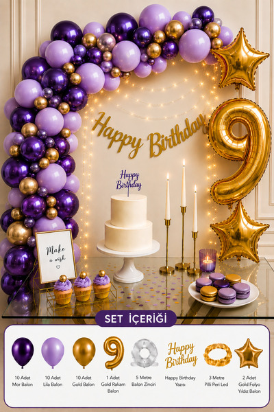 Baloncu Nene 9 Year Old Birthday Balloon Decoration Set with Purple Lilac Gol...