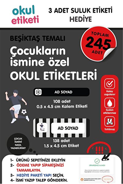 OKUL ETİKETİ BASKI OKUL ETİKETİ TARAFTAR BJK TEMALI MİDİ PAKET İSME ÖZEL OKUL...