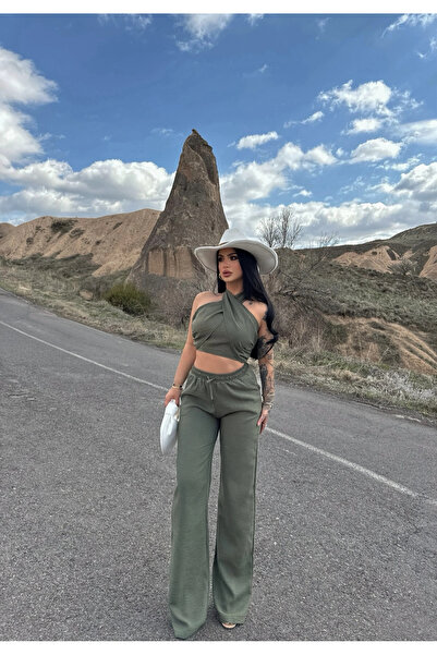 kırmızı butiks Khaki Elina Collar Cross Linen Set